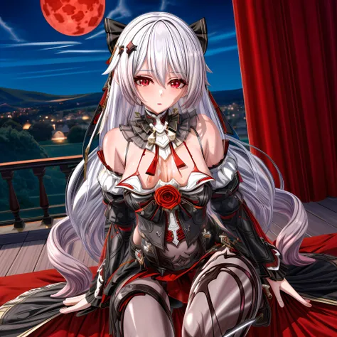 (extremely detailed fine touch:1.2), (shadows, ray tracing:1.2), masterpiece, best quality, highly quality, shiny skin, lustrous skin, (deep skin), 1girl, <lora:Char-Honkai-Theresa:1>, theresa apocalypse, red eyes, dress, looking at viewer, hair ornament, hair ribbon, asymmetrical legwear, detached collar, night sky, red moon, <lora:more_details:1>, drinking wine, smiling