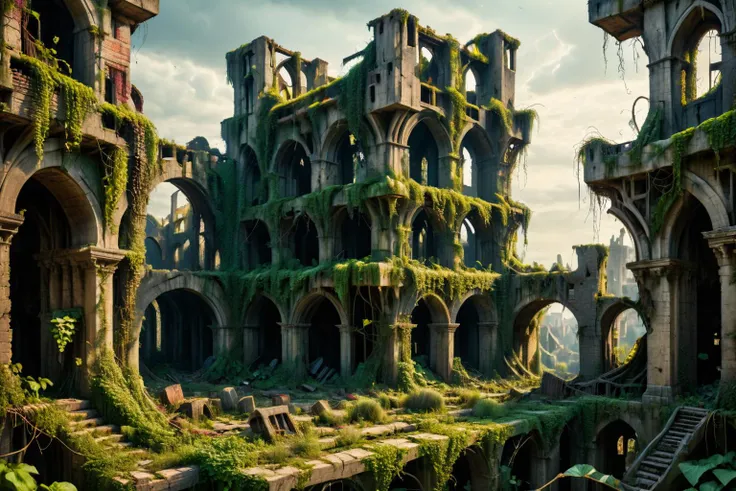 <lora:xl_more_art-full_v1:0.7>, (best quality:1.5), (hyperrealism:1.3), (intricate emotional details:1.5), (ultra detailed), (sharp focus), (sharp details), detailed digital illustration of a Ruined city surrounded by enchanted vines, Medieval, <lora:cine:0.7> cin3 , <lora:EnvyBeginningOfTimeXL01:0.7>, <lora:EnvyReclaimedBrutalismXL01:0.7> reclaimed brutalism