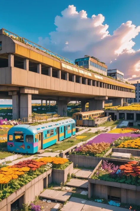 reclaimed brutalism, colorful, flowers,vegetable fields, golden hour, blue sky, clouds, scenery, weird Light Academia Seashell-covered beach by a subway car<lora:EnvyReclaimedBrutalismXL01:1.2><lora:EnvyBetterHiresFixXL01:0:hr=1>