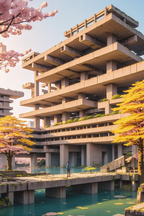 reclaimed brutalism, colorful, pond,sakura trees, anime style, <lora:EnvyReclaimedBrutalismXL01:1><lora:EnvySendNoodzXL01:-1>1boy, man, ruggedly handsome, golden hour, architecture, "at the Spectacular Megastructure"<lora:EnvyBetterHiresFixXL01:0:hr=1>