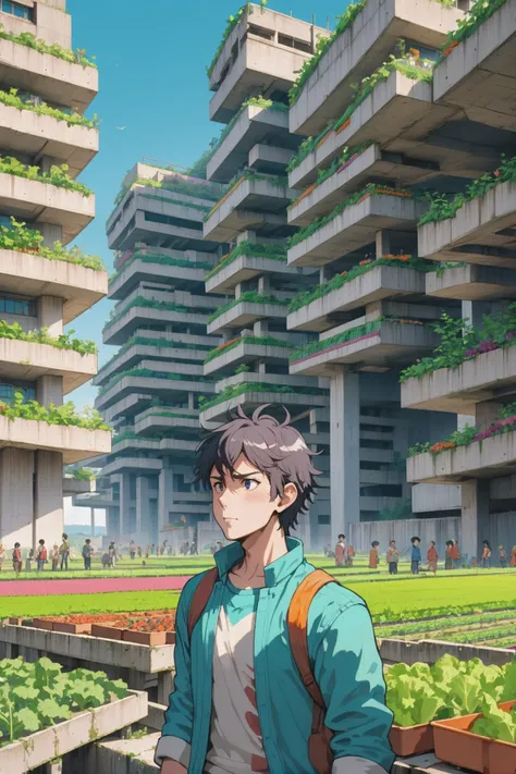 reclaimed brutalism, colorful, vegetable fields,planters, anime style, <lora:EnvyReclaimedBrutalismXL01:0.5><lora:EnvySendNoodzXL01:-1>1boy, man, ruggedly handsome, noon, architecture, crowded Estuary<lora:EnvyBetterHiresFixXL01:0:hr=1>