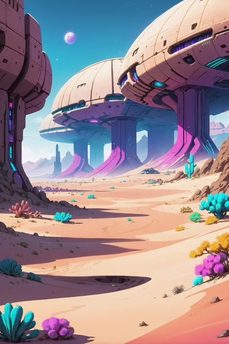 colorful, scifi, Desert<lora:EnvyReclaimedBrutalismXL01:1.2><lora:EnvyBetterHiresFixXL01:0:hr=1>