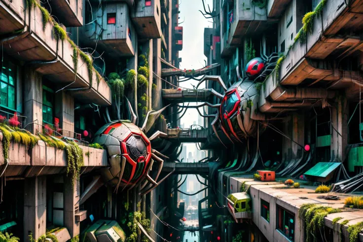 <lora:xl_more_art-full_v1:0.7>, (best quality:1.5), (hyperrealism:1.3), (intricate emotional details:1.5), (ultra detailed), (sharp focus), (sharp details), detailed digital illustration of a City within the web of spiders, Science Fiction, <lora:ColorART:0.7> ColorART , <lora:EnvyGardencoreXL01:0.7>, <lora:EnvyReclaimedBrutalismXL01:0.7> reclaimed brutalism