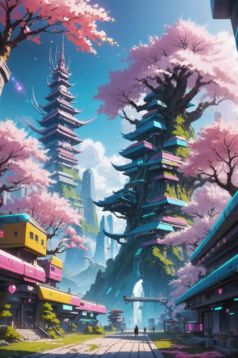 colorful, sakura trees, a demonic scifi city edge of the multiverse, masterpiece, by Vitaly Bulgarov<lora:EnvyReclaimedBrutalismXL01:1><lora:EnvyBetterHiresFixXL01:0:hr=1>