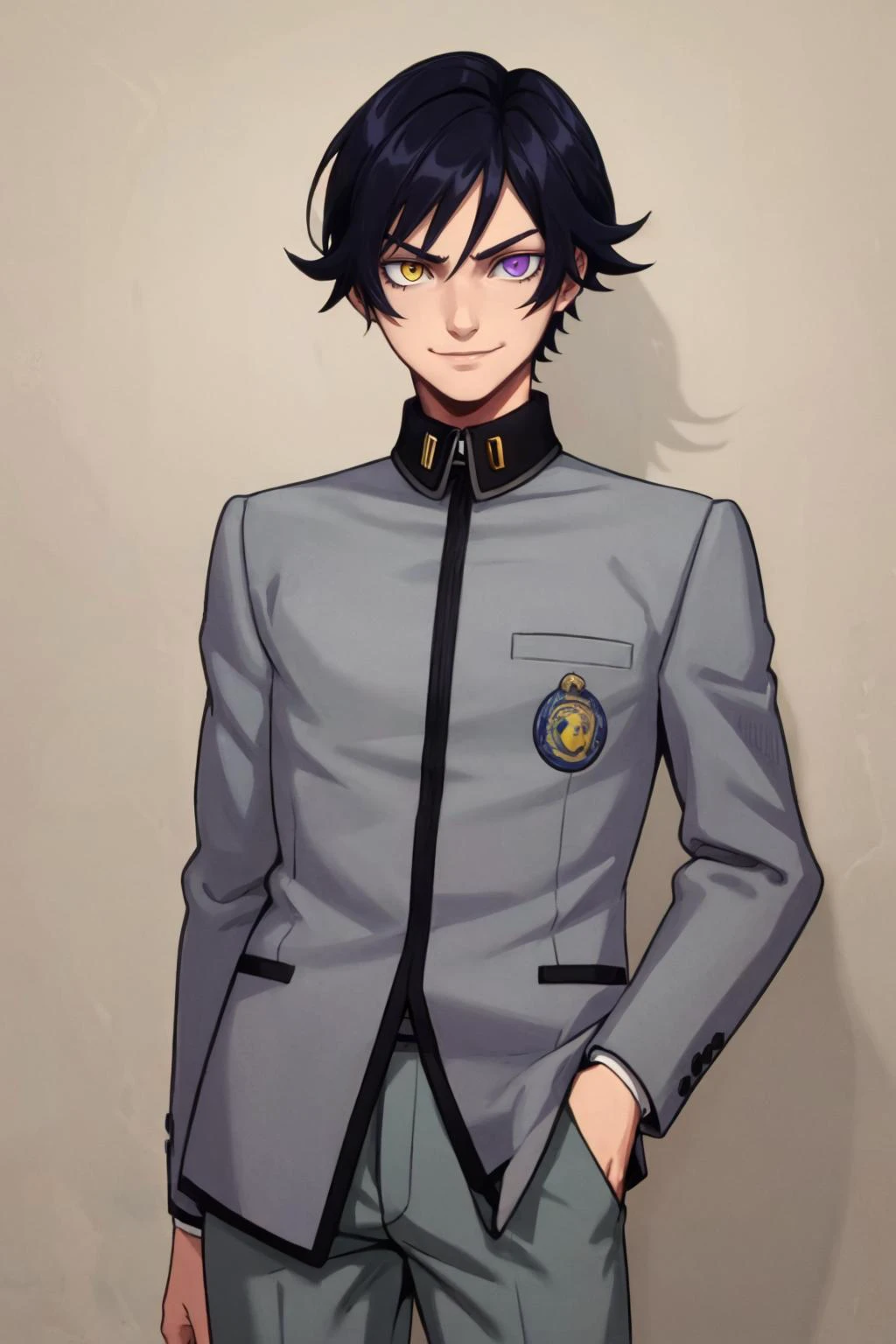 masterpiece, best quality, solo, 1boy, looking at viewer, smirk, <lora:NaoyaV3:1>, Naoya, school uniform, grey pants, heterochromia, purple eyes, yellow eyes,
