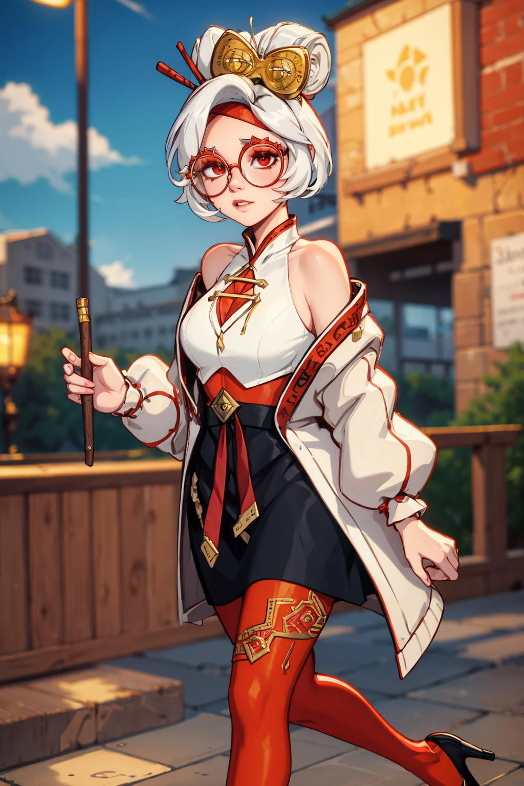 masterpiece, best quality, 8K RAW photo, film grain, whole-body, <lora:purah-nvwls-v3-final:.9> purah, red glasses, hair ornament, hair stick, red headband, white shirt, bare shoulders, white jacket, black skirt, orange leggings, high heels,,