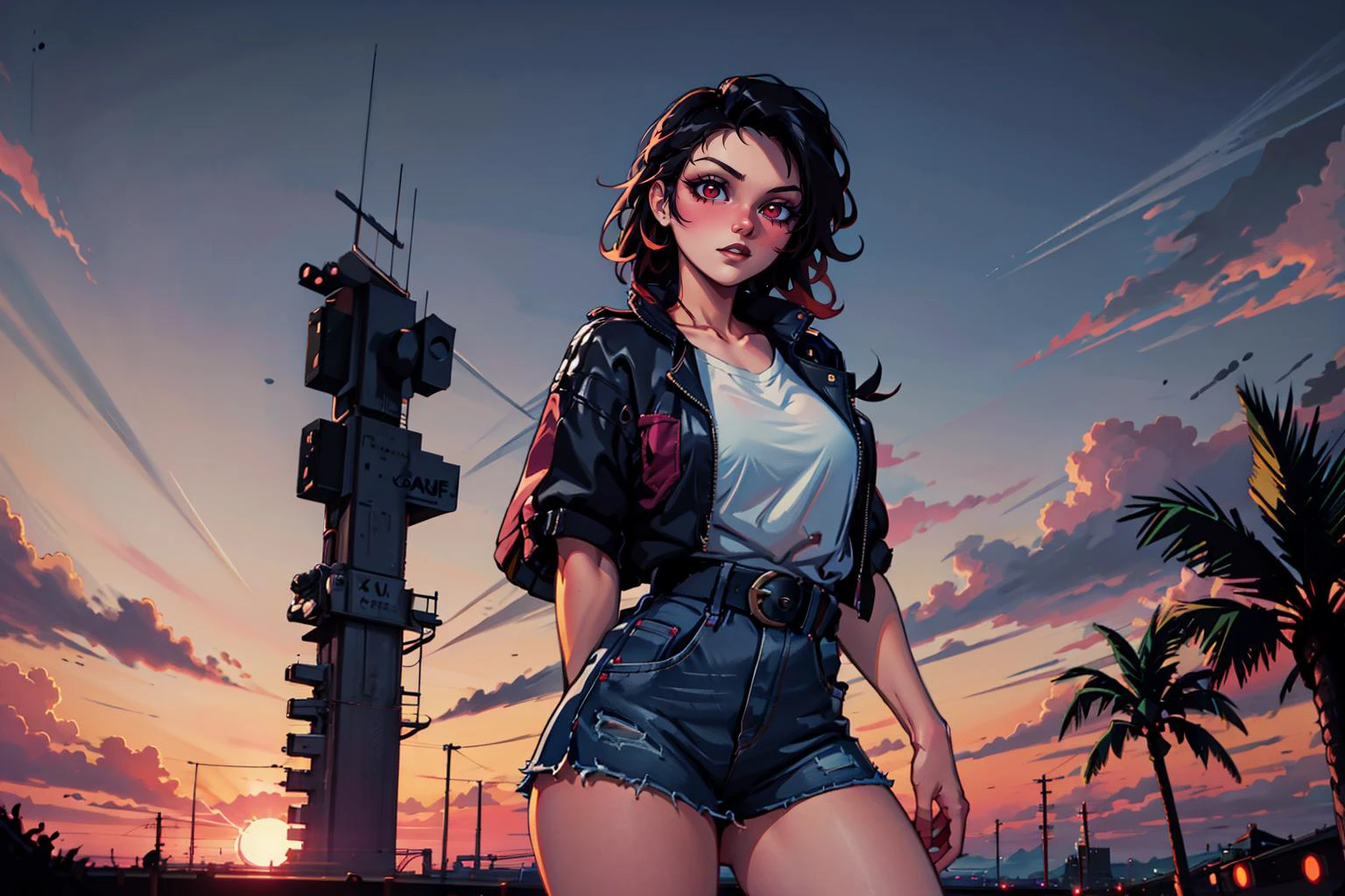 masterpiece, best quality, <lora:Nevin:0.75> 1 girl, nevin, black hair, red eyes, makeup, <lora:kEighties_pruned:1> Eighties, sunset, cityscape, palm tree,