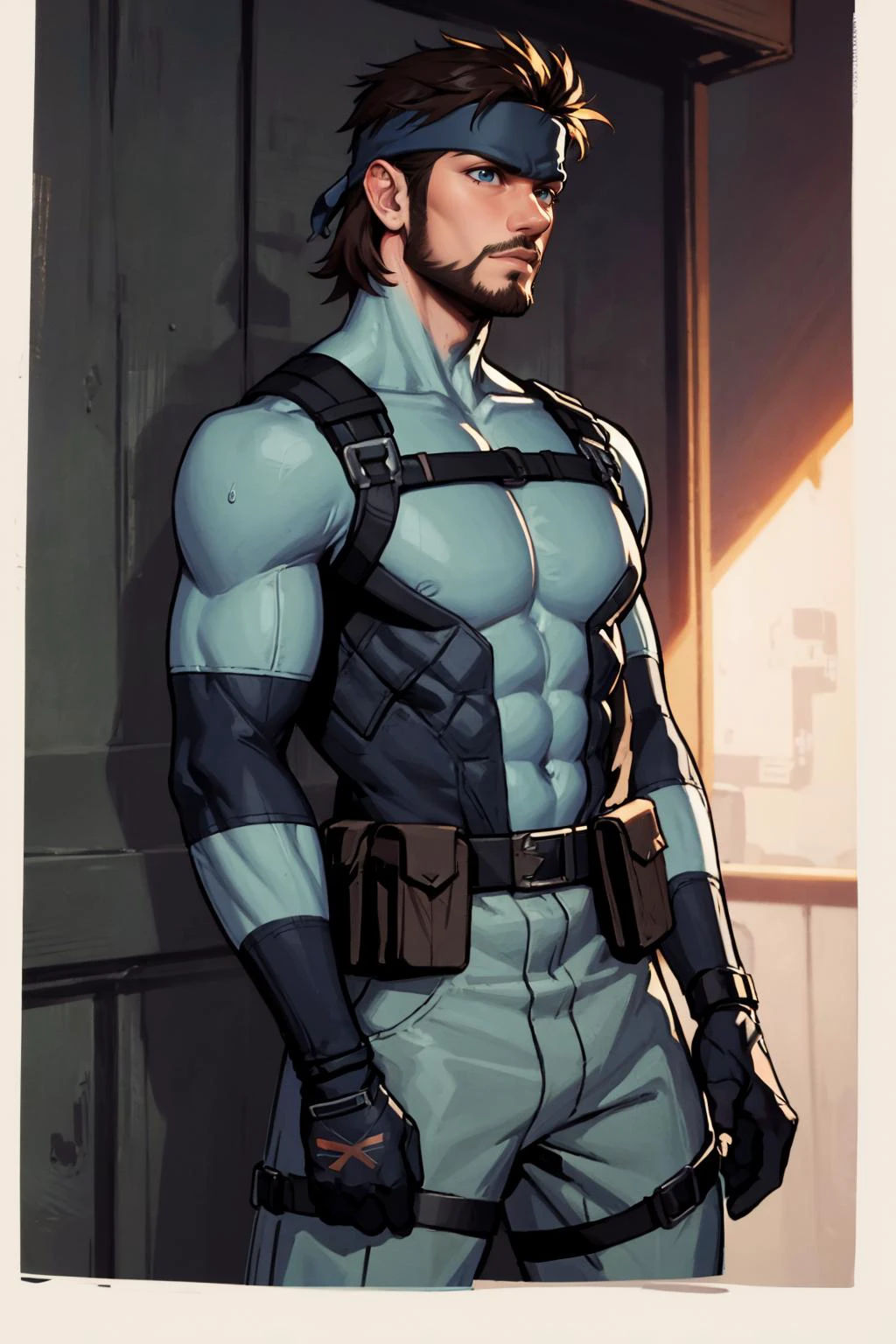 masterpiece, best quality, solo males focus, <lora:solidsnake-nvwls-v1-final:0.8> solid snake, facial hair, blue bodysuit, gloves, headband, determined, <lora:age_slider_v1:-.5> GS-Masculine:.8 <lora:muscle_slider_v1:-.1>