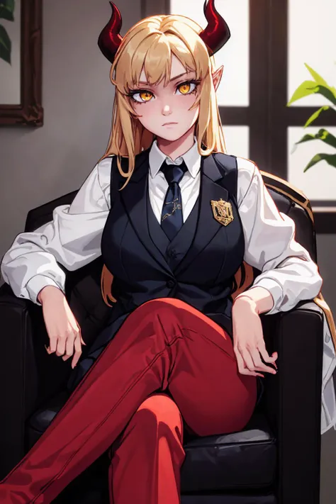 (masterpiece, best quality:1.2), solo, 1girl, expressionless, looking at viewer, sitting, crossed legs, chair, demon horns, yellow eyes, formal, vest, necktie, red pants