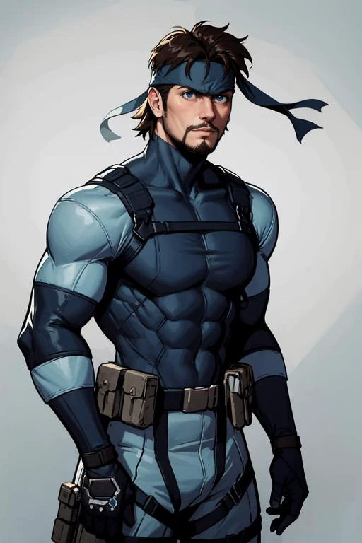 masterpiece, best quality,  <lora:solidsnake-nvwls-v1-final:0.8> solid snake, facial hair, blue bodysuit, gloves, headband, furrowed brow, <lora:age_slider_v1:-.5>