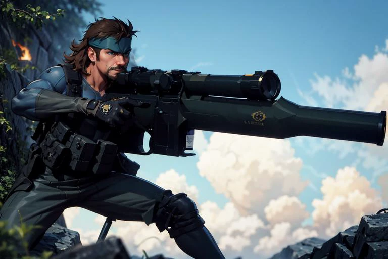 masterpiece, best quality, solo males focus, towlauncher, <lora:solidsnake-nvwls-v1-final:0.9> solid snake, facial hair, blue bodysuit, gloves, headband, determined, aiming, leaning forward, <lora:age_slider_v1:-.5> GS-Masculine:.8 <lora:muscle_slider_v1:-.1> <lora:tow-concept-richy-v2:.9> towlauncher, scope, fire, smoke,