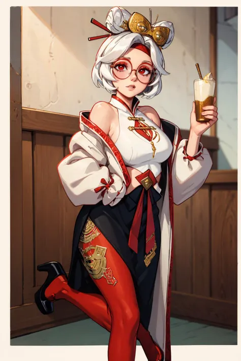 masterpiece, best quality, 8K RAW photo, film grain, headshot,  <lora:purah-nvwls-v3-final:.9> purah, red glasses, hair ornament, hair stick, red headband, white shirt, bare shoulders, white jacket, black skirt, orange leggings, high heels,,