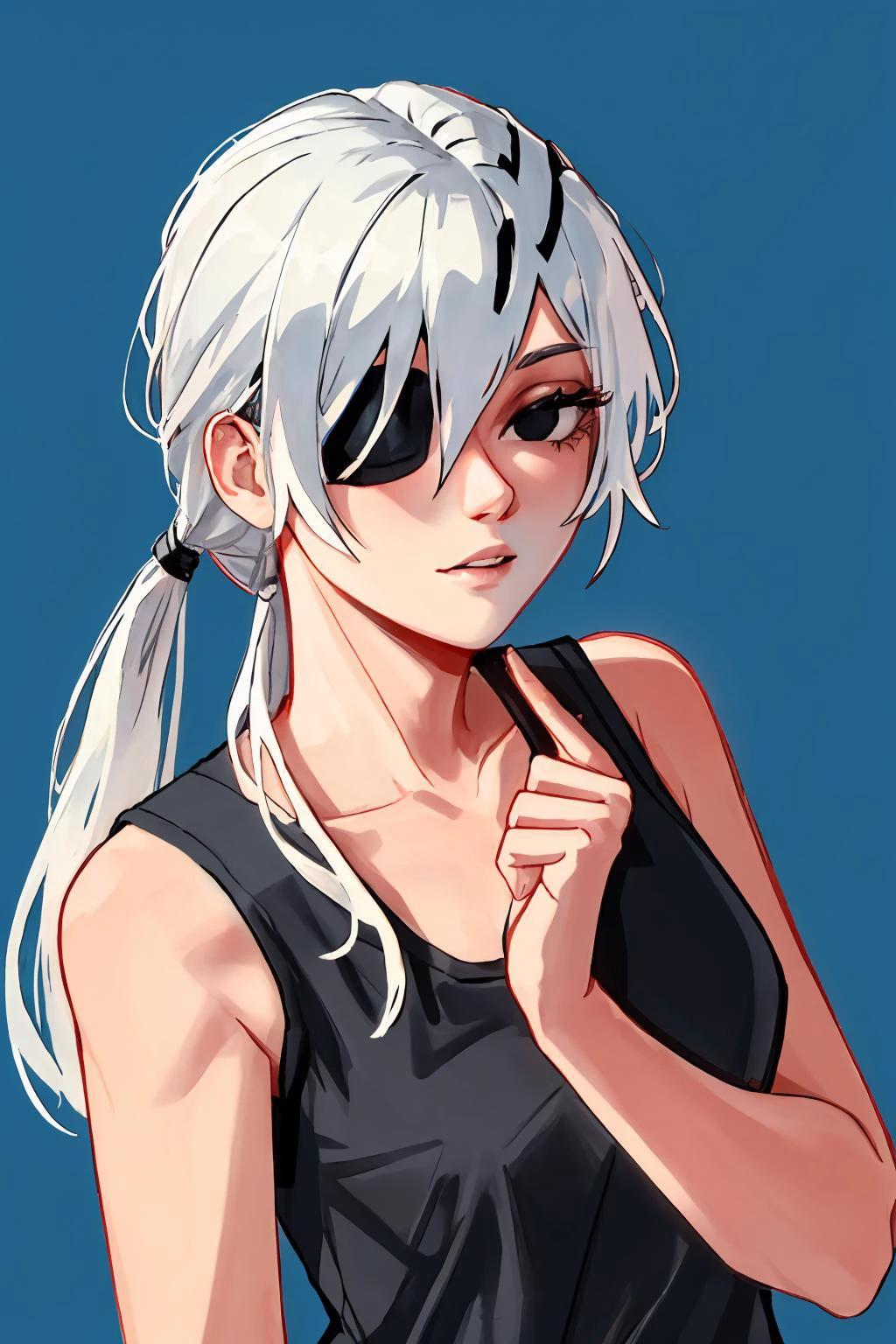 ((masterpiece)), ((best quality)), 1girl, quanxi, black eyes, eyepatch, ponytail, long hair, white hair, medium breasts, black tank top, pants, (taking a selfie:1), simple background, <lora:csm_quanxi:1>