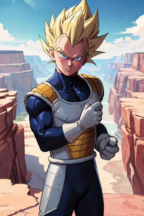 (masterpiece, best quality:1.2), solo, male focus, 1boy, vegeta, serious, looking at viewer, super saiyan, blonde spiked hair, blue eyes, v-shaped eyebrows, armor, white gloves, outdoors, canyon <lora:dbz_vegeta:0.8>