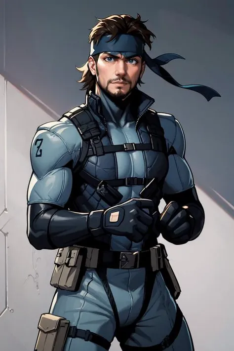 masterpiece, best quality, <lora:solidsnake-nvwls-v1-final:0.8> solid snake, facial hair, blue bodysuit, gloves, headband, determined, <lora:age_slider_v1:-.5>