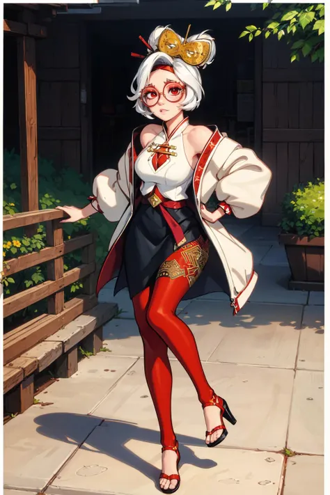 masterpiece, best quality, 8K RAW photo, film grain, action,  <lora:purah-nvwls-v3-final:.9> purah, red glasses, hair ornament, hair stick, red headband, white shirt, bare shoulders, white jacket, black skirt, orange leggings, high heels,,