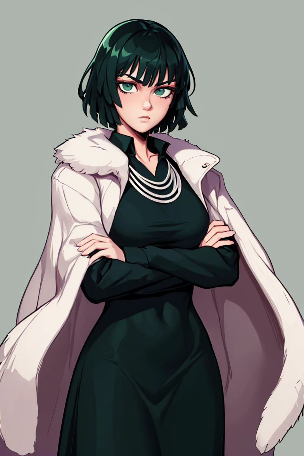 (masterpiece, best quality:1.2), solo, 1girl, fubuki, expressionless, looking at viewer, crossed arms, green hair, taut clothes, fur coat, jewelry, necklace <lora:opm_fubuki-13:1>