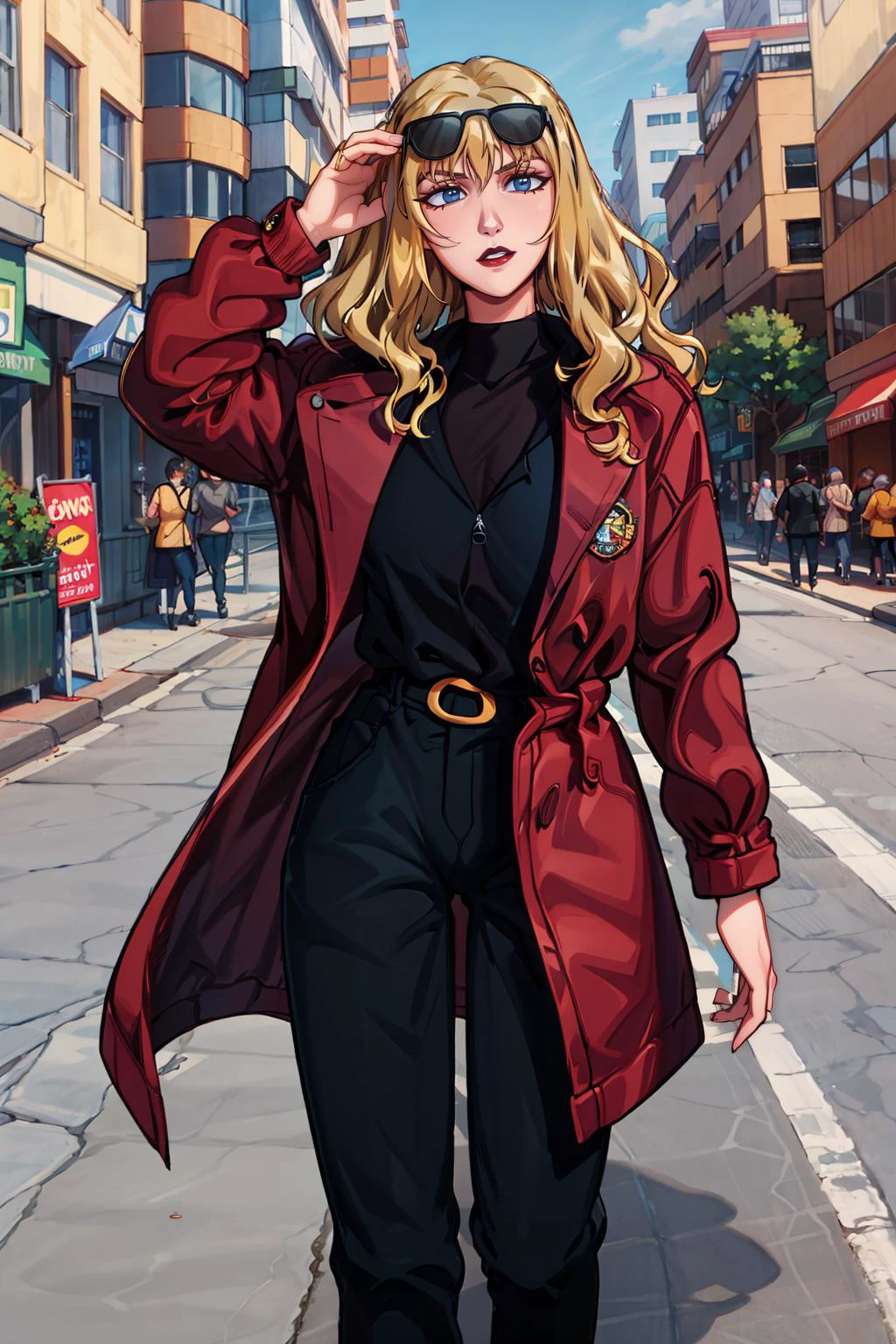 masterpiece, best quality, 8K RAW photo, film grain, casual, <lora:Julia_V1-E10_(CowboyBebop):.9> juliaco, lipstick, black coat, turtleneck sweater, belt, pants, black footwear, lipstick, eyewear on head, choker, bodysuit, zipper, blonde hair,