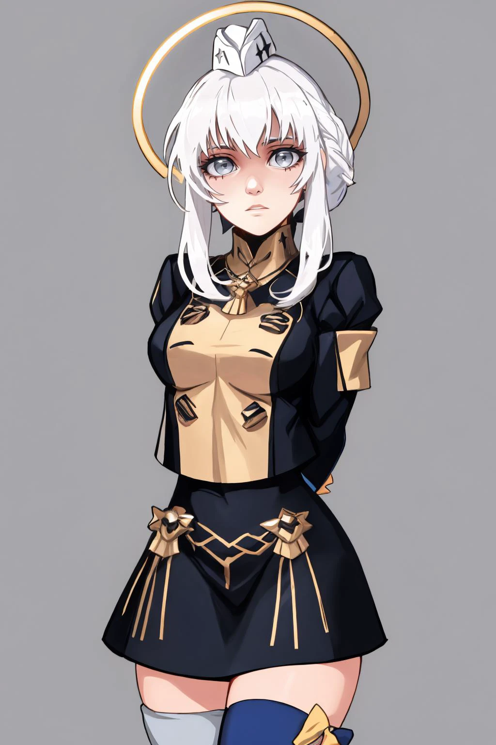 (masterpiece, best quality:1.2), solo, 1girl, livempyrea, expressionless, looking at viewer, arms behind back, mechanical halo, garrison cap, white hair, hair ribbon, sidelocks, grey eyes, braid, gmuniform, blue thighhighs <lora:livempyrea:0.8> <lora:gmuniform-nvwls-v1:1>