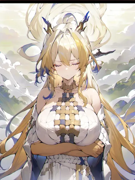 rating:sensitive,(1girl:1.2),(solo:1.2),masterpiece,best quality,highly detailed,best quality,illustration,highres,extremely detailed wallpaper,<lora:ShuLoraXL:1>,(milf:1.2),(crossed_arms:1.1),low-cut clothing,dragon horns,long hair,multicolored hair,blonde hair,white background,expressionless,cowboy_shot,(front view:1.3),[[[huge breasts]]],bare shoulders,closed eyes,