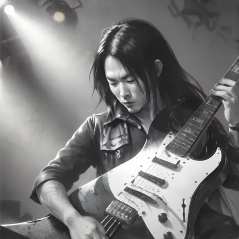 <lora:chineseinkpaintings:0.6>, chinkstyle, ink painting, monochrome, man playing electric guitar on stage, long hair covering face, headbanging, goth, <clip:skip:2>, masterpiece, 8k, high resolution, shallow depth of field, sharp focus