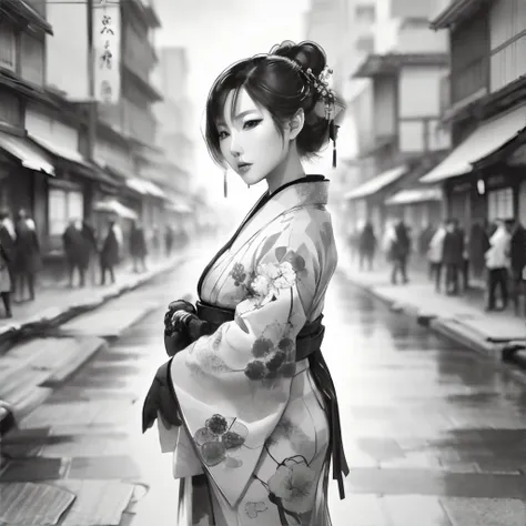 <lora:chineseinkpaintings:0.6>, chinkstyle, ink painting, monochrome, woman wearing kimono, modern city street, <clip:skip:2>, masterpiece, 8k, high resolution, shallow depth of field, sharp focus