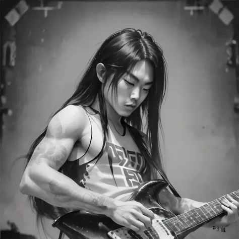<lora:chineseinkpaintings:0.6>, chinkstyle, ink painting, monochrome, man playing electric guitar on stage, long hair covering face, headbanging, goth, <clip:skip:2>, masterpiece, 8k, high resolution, shallow depth of field, sharp focus