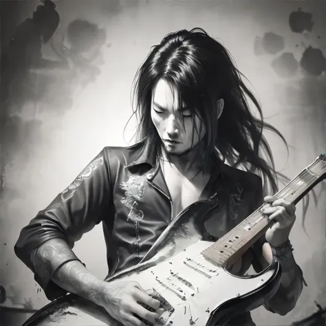 <lora:chineseinkpaintings:0.6>, chinkstyle, ink painting, monochrome, man playing electric guitar on stage, long hair covering face, headbanging, goth, <clip:skip:2>, masterpiece, 8k, high resolution, shallow depth of field, sharp focus