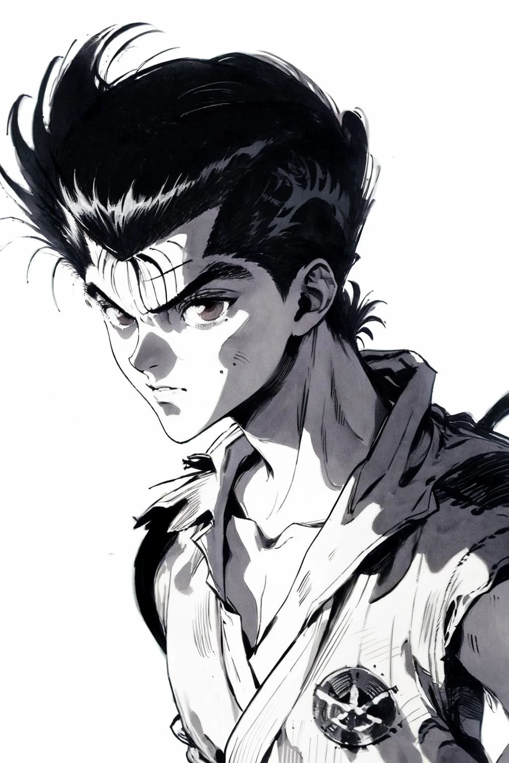 <lora:YusukeUrameshi>,yusukeurameshi,1990s \(style\),1boy,solo,brown eyes,short hair,black hair,simple background,white background,<lora:Jumppainting 漫é£_v1.0:0.6>,<lora:chinkstyle3-000006:0.8>,chinkstyle,ink painting,greyscale,(Tough guy:1.2),