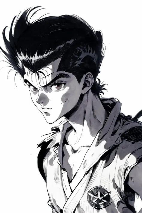 <lora:YusukeUrameshi>,yusukeurameshi,1990s \(style\),1boy,solo,brown eyes,short hair,black hair,simple background,white background,<lora:Jumppainting æ¼«é£_v1.0:0.6>,<lora:chinkstyle3-000006:0.8>,chinkstyle,ink painting,greyscale,(Tough guy:1.2),