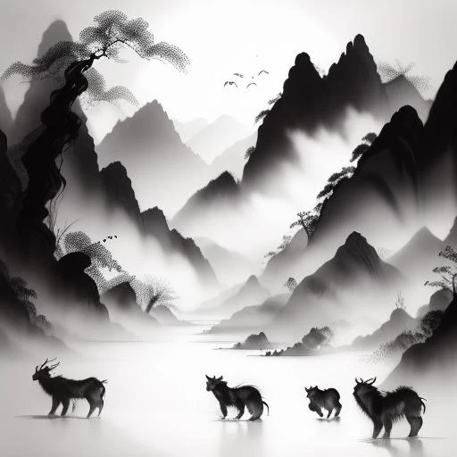 there are two people walking on a bridge with a cow at foggy morning, by Zheng Xie, by Xia Yong, by Shang Xi, by Yuan Jiang, by Zou Zhe, by Xu Xi, by Ye Xin, by Fei Danxu, by Ren Xiong, by Wu Hong, crossing the river, by Wu Wei, by Zhao Yuan, by Wang Yuan