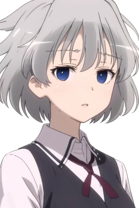 solo, 1girl, looking at viewer, 2D, anime, anime coloring, upper body, (solid white background:1.3), <lora:shiromi-saki:0.7>, shiromi kosegawa, school uniform, looking at viewer, parted lips