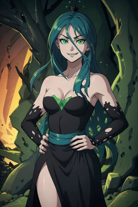 8k, best quality, (masterpiece, best quality:1.2), <lyco:mlp_queenchrysalis-10:0.9>, solo, 1girl, mlpchrysalis, expressionless, closed mouth, looking at viewer, dress, bare shoulders, cleavage, evil smile, sharp teeth, green Glowing Eyes, creepy Dark Cave background, Hands behind hips,