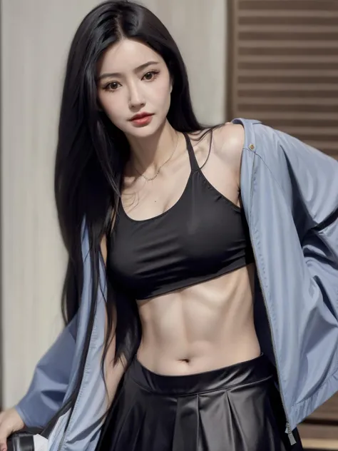 1girl,realistic,black hair,long hair,upper body,cowboy shot,mature female, long hair, looking at viewer, crop top, skirt,navel,jacket, <lora:i v_20230723002159-000010:0.75>,muscular, muscular female,