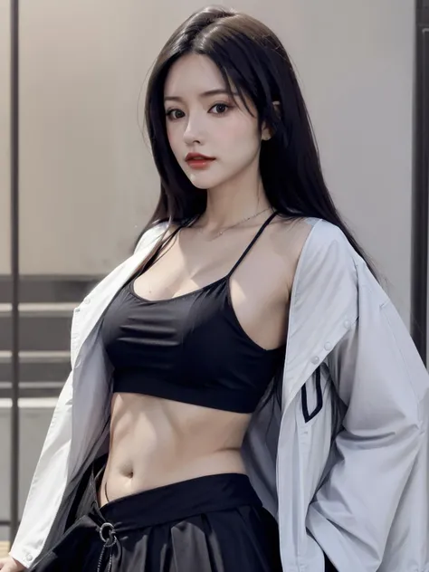 1girl,realistic,black hair,long hair,upper body,cowboy shot,mature female, long hair, looking at viewer, crop top, skirt,navel,jacket, <lora:i v_20230723002159:0.75>
