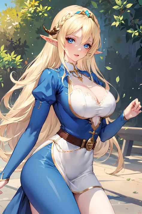 master-piece, bestquality, 1girls,16 years old, View viewers from front, HD, slight smile, big tits, cleavage, tights cloth, , tiny body, leaning forward, outdoor, mountain, wear glasses, under tits cleavage, look down, stand up, aazelda, crown braid, hairclip, pointy ears, puffy sleeves, long sleeves, black pants, tight pants, large hips,