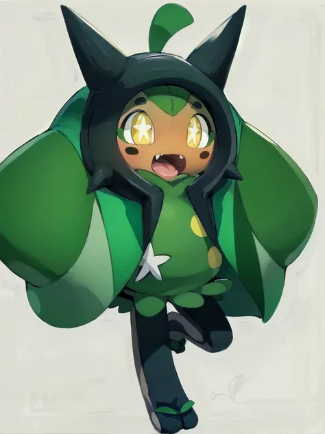 (masterpiece:1.2), (best quality:1.2), 1girl, solo, (full body), looking at viewer, happy, open mouth, BREAK
<lora:Ogerpon-15:1> ogerpon, pokemon \(creature\), black pantyhose, hood, green dress, yellow eyes, fangs, +_+,