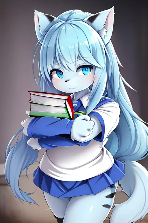 (((best quality))), (solo), (furry female), (domestic cat), (young girl), [pure aqua hair], long hair, [clear blue eyes], thin body, ((white body fur)), ((detailed body fur)), (college uniform shirt), (long skirt), ((standing on street)), ((hugging some books)), (detailed face and body), ((detailed background)), cinematic light, ray tracing,