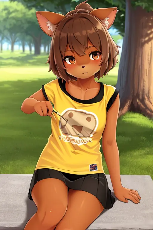 (((best quality))), (solo), (furry female), (domestic dog), (young girl), [brown short hair], clear tan eyes, ((tan body fur)), (detailed body fur), ((T-shirt)), ((short skirt)), ((recline on tree)), (detailed face and body), ((detailed background)),