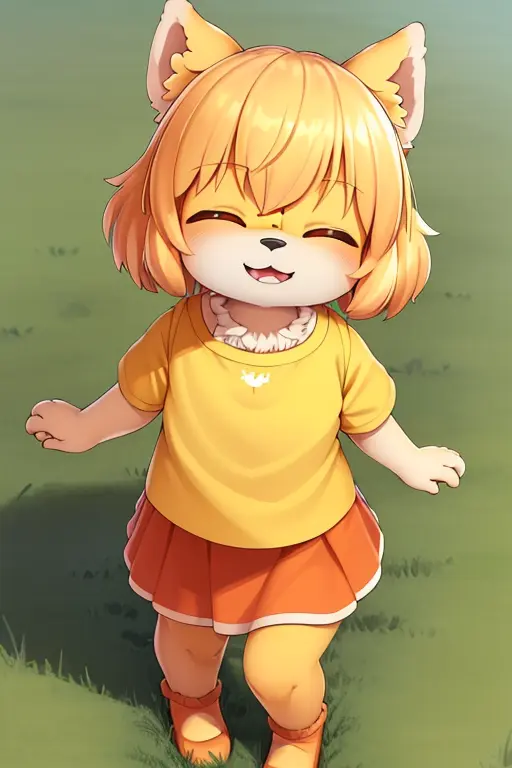 (((best quality))), (solo), from above, (furry female), (domestic dog), ( girl), [orange short hair], (beige body fur), (detailed body fur), ((child shirt)), ((medium skirt)), close eyes, smile, ((standing in grass)), (detailed face and body), ((detailed background)),