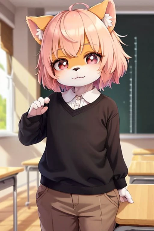(((best quality))), (solo), (furry female), (domestic dog), ( girl), [pink short hair], [clear brown eyes], beige body fur, (detailed body fur), ((child shirt)), ((trouser)), ((standing in classroom)), (detailed face and body), ((detailed background)),