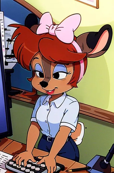 1girl, FawnDeerCzar,(furry, furry female, full body,standing), (deer nose, deer ears, deer tail, bangs, brown hair, makeup, half-closed_eyes, black eyes, blue eyeshadow, lipstick), (white white blouse, dress shirt, secretary, pencil skirt, black hair bow), (interior, office, sitting, desk, office chair, typewriter, typing), (masterpiece:1.2), hires, (detailed face:1.2), (detailed eyes:1.2), perfect skin, ultra-high resolution, 8K, high quality, (sharp focus:1.2), clean, crisp, cinematic, <lora:Fawn_Deer-30:0.75>