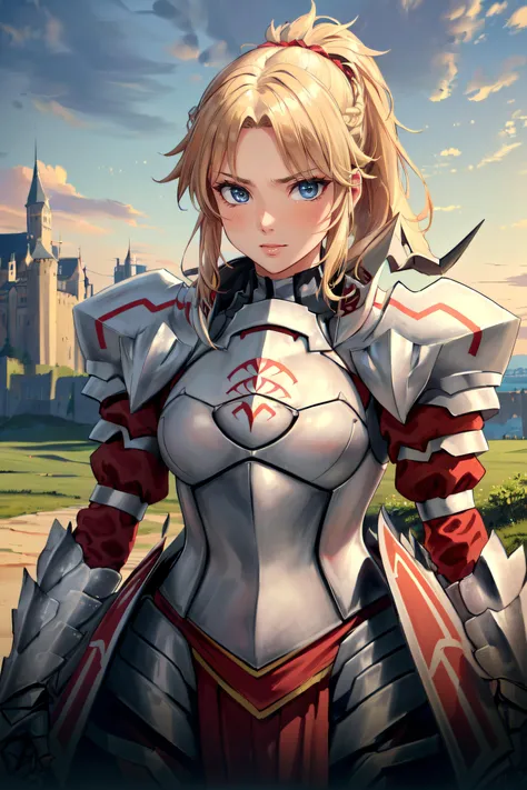 (masterpiece, best quality, ultra detailed, absurdres:1.5), 1girl, (sexy, beautiful woman, perfect face, perfect eyes, perfect female body, small breasts:1.5), (armorMord, ponytail, armor, full armor, shoulder armor, gauntlets, armored boots, holding sword, <lora:mordred-nvwls-v1:0.85>), (standing, fantasy, medieval, outdoors, castle in background), perfect lighting, smooth, hdr