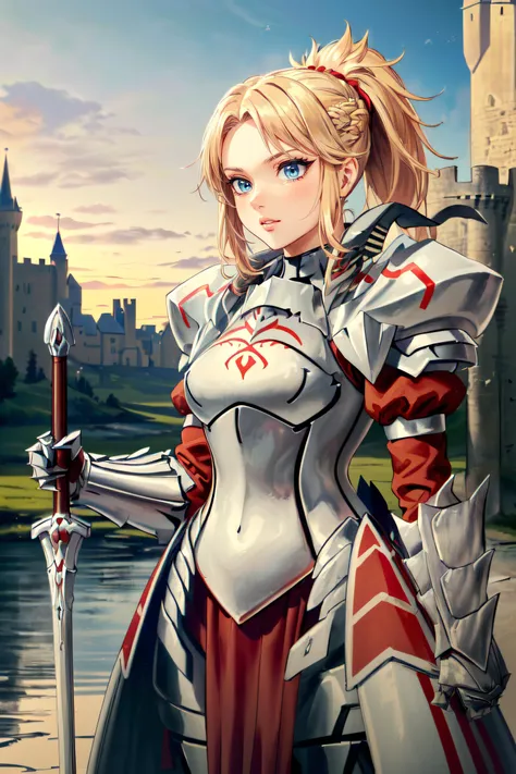 (masterpiece, best quality, ultra detailed, absurdres:1.5), 1girl, (sexy, beautiful woman, perfect face, perfect eyes, perfect female body, small breasts:1.5), (armorMord, ponytail, armor, full armor, shoulder armor, gauntlets, armored boots, holding sword, <lora:mordred-nvwls-v1:0.85>), (standing, fantasy, medieval, outdoors, castle in background), perfect lighting, smooth, hdr