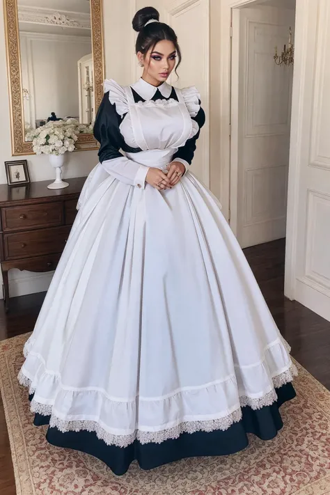 realistic picture of a woman, bimbo, makeup, detailed face, buxom, bosomy, narrow waist, full body, standing, handled hair, hair bun, obedient, shy and subservient, mansion interior, detailed skin, detailed shadows, shading, <lora:GoodHands-beta2:1>, <lora:l0ngma1d:0.7>, l0ngma1d, maid, frilled apron, long sleeves