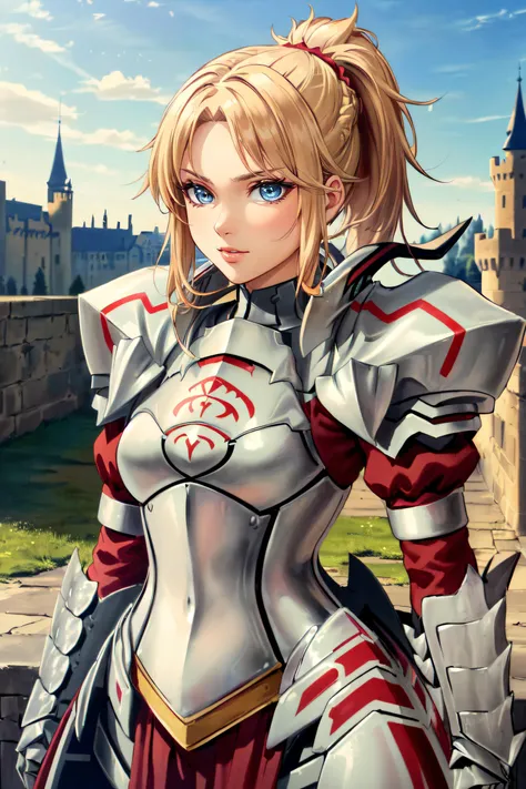 (masterpiece, best quality, ultra detailed, absurdres:1.5), 1girl, (sexy, beautiful woman, perfect face, perfect eyes, perfect female body, small breasts:1.5), (armorMord, ponytail, armor, full armor, shoulder armor, gauntlets, armored boots, holding sword, <lora:mordred-nvwls-v1:0.85>), (standing, fantasy, medieval, outdoors, castle in background), perfect lighting, smooth, hdr