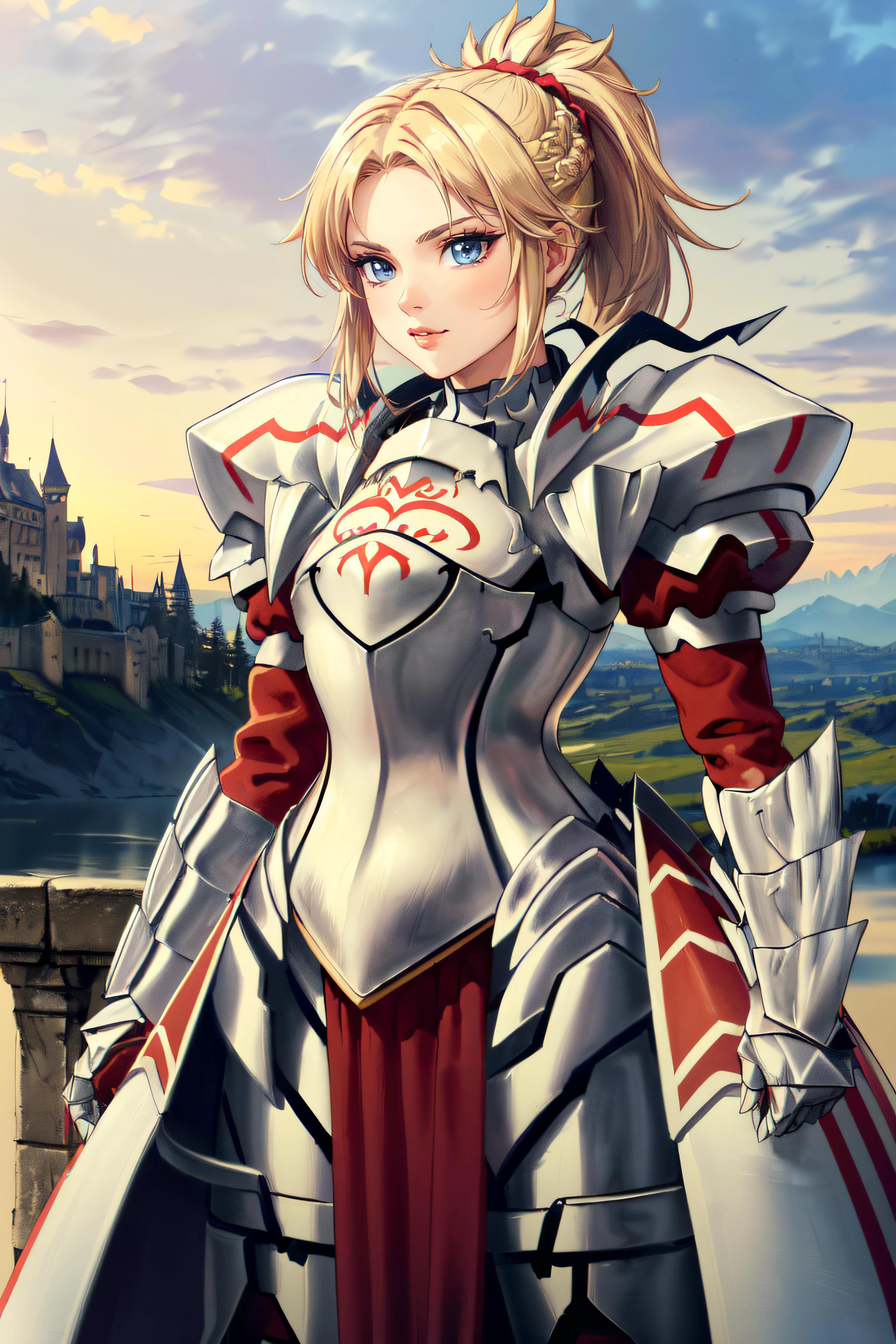 (masterpiece, best quality, ultra detailed, absurdres:1.5), 1girl, (sexy, beautiful woman, perfect face, perfect eyes, perfect female body, small breasts:1.5), (armorMord, ponytail, armor, full armor, shoulder armor, gauntlets, armored boots, holding sword, <lora:mordred-nvwls-v1:0.85>), (standing, fantasy, medieval, outdoors, castle in background), perfect lighting, smooth, hdr