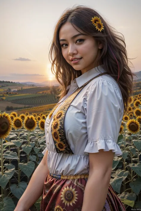 1girl, (realism art designed by Tooth Wu:1.3) , masterwork Technical illustration, professional Cycles render, Batik, medium wide shot of a Handsome [Homely|Fascinating] ("I'm a sunflower, a little funny.":1.3) , Elevating Tuscany in background, desolate grass with Geranium, at Sunset, Bokeh, Cel shaded, Energetic, Steampunk Art, dramatic lighting, L USM, Cold Colors, Vitrail, vibrant, beautiful, Best quality