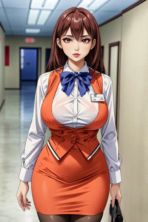 (masterpiece, best quality, ultra detailed, absurdres:1.5), 1girl, (sexy, beautiful woman, perfect face, perfect eyes, perfect female body, medium breasts:1.5), (OrangeSuit_Lingeries_RenaAsaoka_ownwaifu, brown hair, long hair, earrings, bangs, hair between eyes, shiny hair, orange vest, name tag, vest, blue bow, long sleeves, pencil skirt, bowtie, see-through legwear, formal, white shirt, office lady, <lora:FAP_CHR_Lingeries_RenaAsaoka_ownwaifu:0.75>), (standing, indoors, office, night), perfect lighting, smooth, hdr