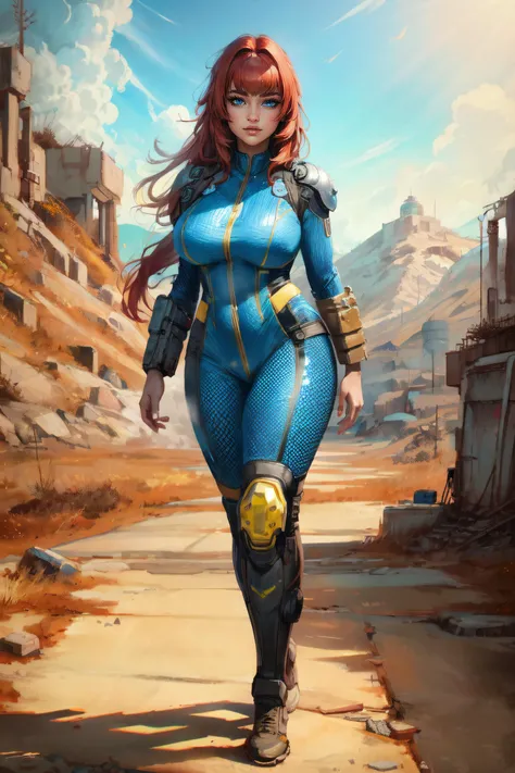 (masterpiece, best quality, ultra detailed, absurdres:1.5), 1girl, (sexy, beautiful woman, perfect face, perfect eyes, perfect female body, medium breasts:1.5), (science fiction, fallout, vault uniform, bodysuit, pip boy on hand, long hair, red hair, blunt bangs, side bangs, <lora:fallout_SD:1>), (full body, standing, outdoors, wasteland), perfect lighting, smooth, hdr